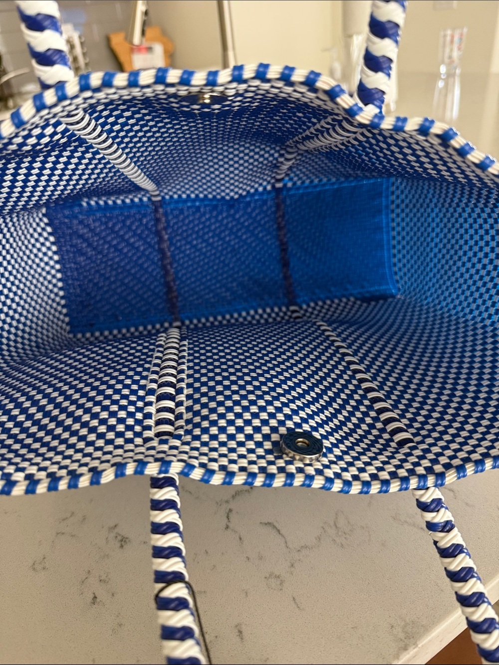 Canela Weaved Handcrafted Blue & White Weaved Tote Bag NEW - Picture 4 of 9